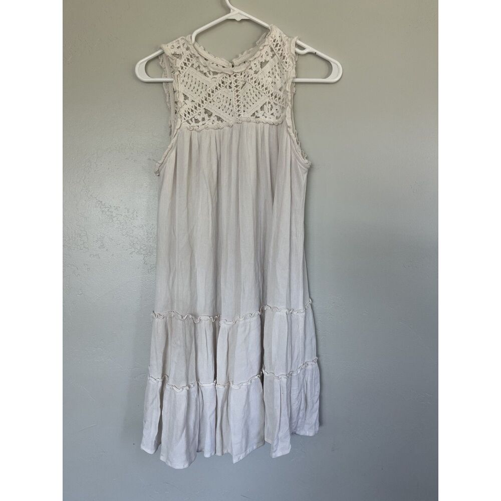 White Ivory Lace Tiered Boho Shift Sleeveless Mini Dress Size